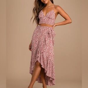 Lulus Brown Floral Two-Piece Midi Dress Wrap Skirt cropped  top ruffled hem NWT